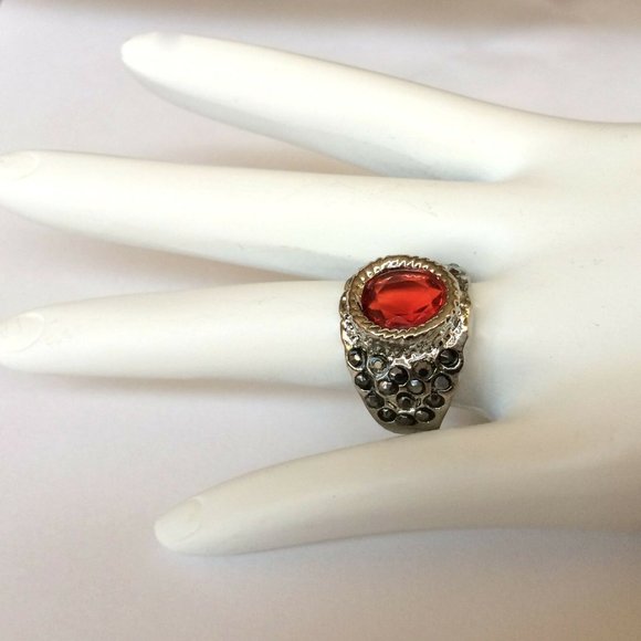 Vintage Silver Art Deco Boho Ruby Cocktail Ring Size 7 8 Plated Red Stone - Picture 5 of 10